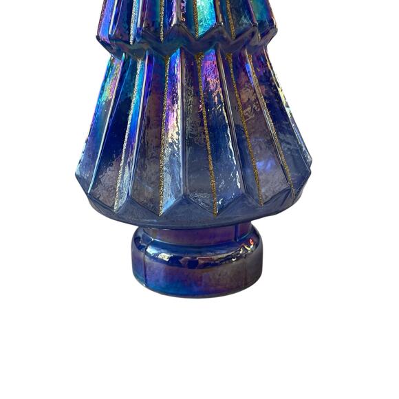 Illuminated Glass Christmas Tree 13.25in Blue & Gold Chic LED Holiday Decor New - Picture 3 of 15
